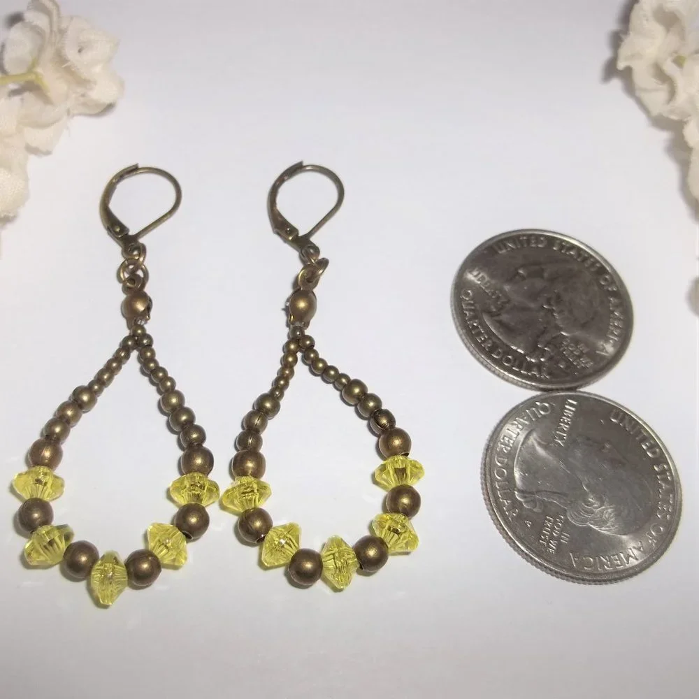 Boho Hoop Earrings Brown Bronze and Yellow Beaded Dangle Teardrop Accessory 7036 - Picture 2 of 8